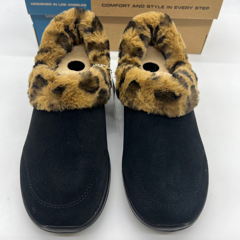 Skechers Slip on Womens Size 7 Black On The Go Joy Suede and Leopard Faux Fur